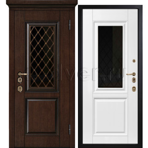 Дверь входная трехконтурная с окном и ковкой/цвет орех и белый