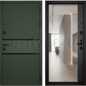 Дверь с зеркалом в квартиру/отделка МДФ/цвет зеленый и темный шоколад